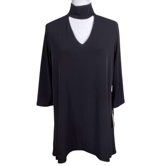 NWT Clara Sunwoo Choker V-Neckline Tunic Size Medium 3/4 Sleeve Black Lagenlook - Picture 2 of 16